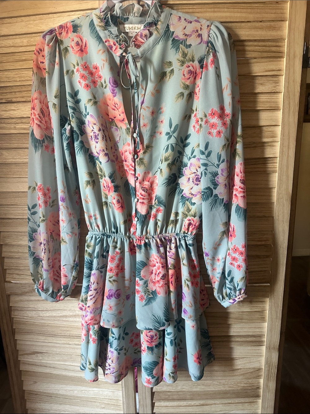 Yumi Kim Floral Tiered Long-Sleeve Dress in Light Blue with Pink Accents